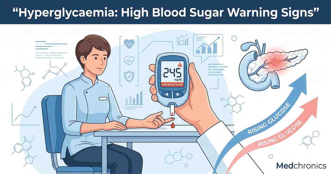 Illustration showing high blood sugar levels in hyperglycaemia using a glucometer