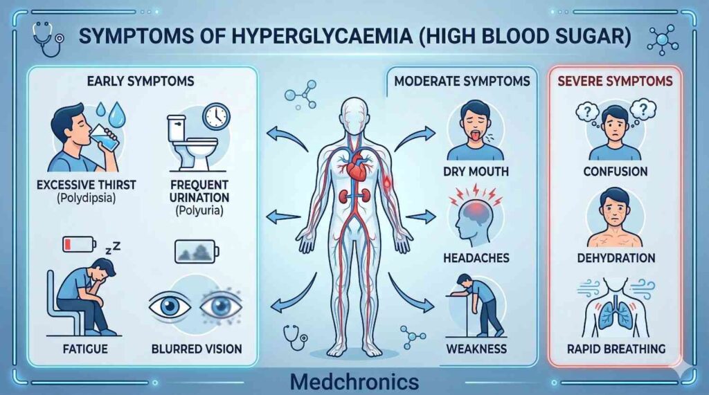 Common symptoms of hyperglycaemia including thirst, frequent urination and fatigue